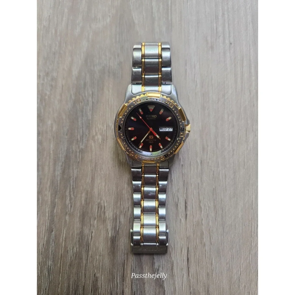 Seiko Watch Mens Sports‎ 150 Two Tone Diver Style Black Dial Day Date Quartz Y2K